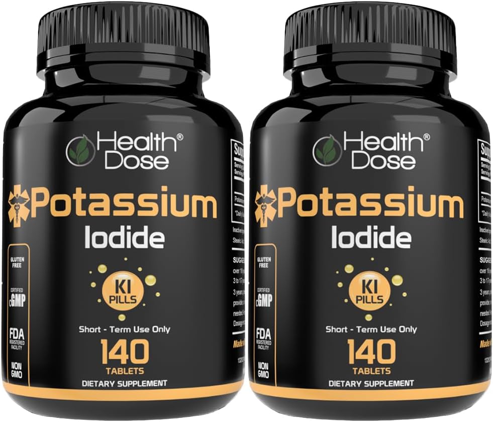 בריאות Dose Potassium + Iodide (KI) טבליות - 130 מ"ג 140 טבליות - עבור התמיכה Thyroid, Metabolism & Electrolyte Balance - Non-GMO, Gluten-Free, GMP Certified, Pack of 2