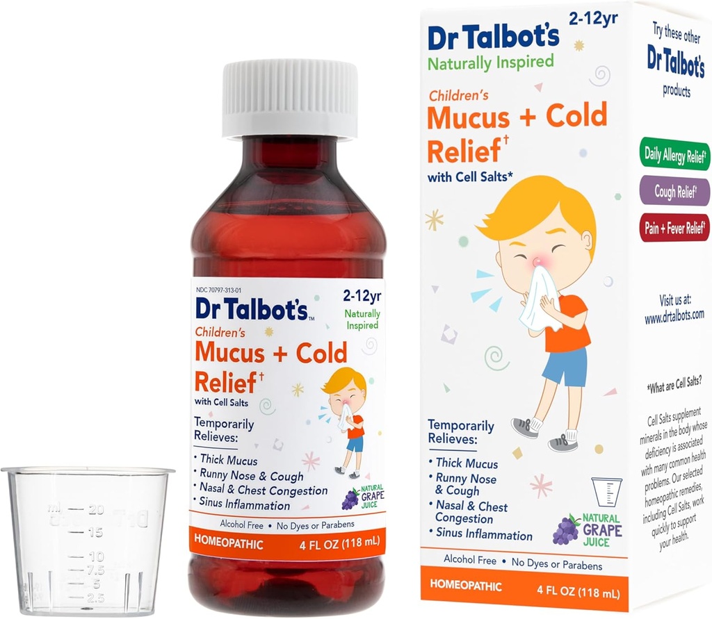 ד"ר Talbot's Mucus + Cold Relief Liquid Medicine, בהשראת ילדים, כולל גביע Dosage, Natural Grape Juice Flavor, 4 Fl Oz