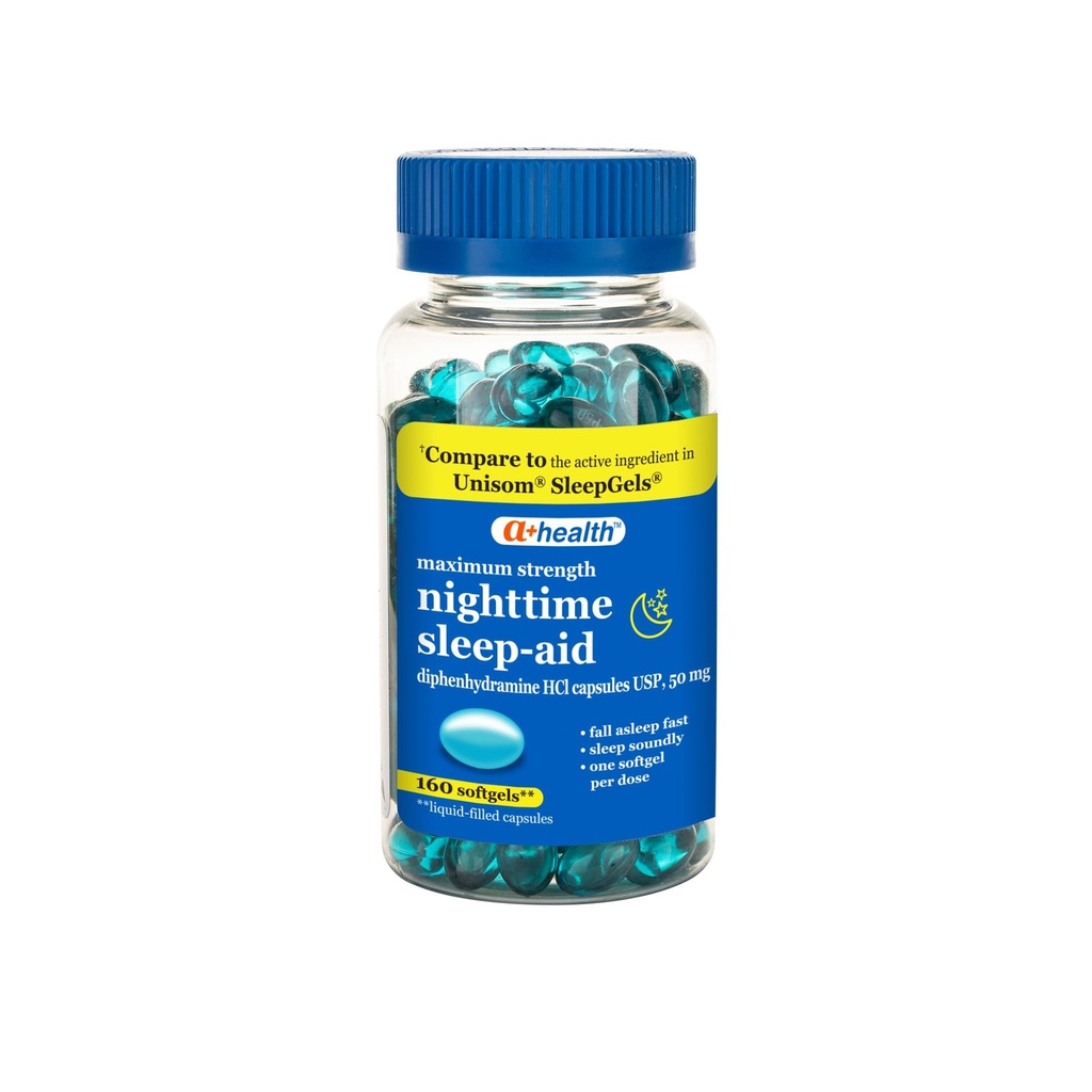 A+Health Nighttime Sleep Aid Diphenhydramine 50 מ"ג Softgels, כוח מקסימלי, 160 הרוזן