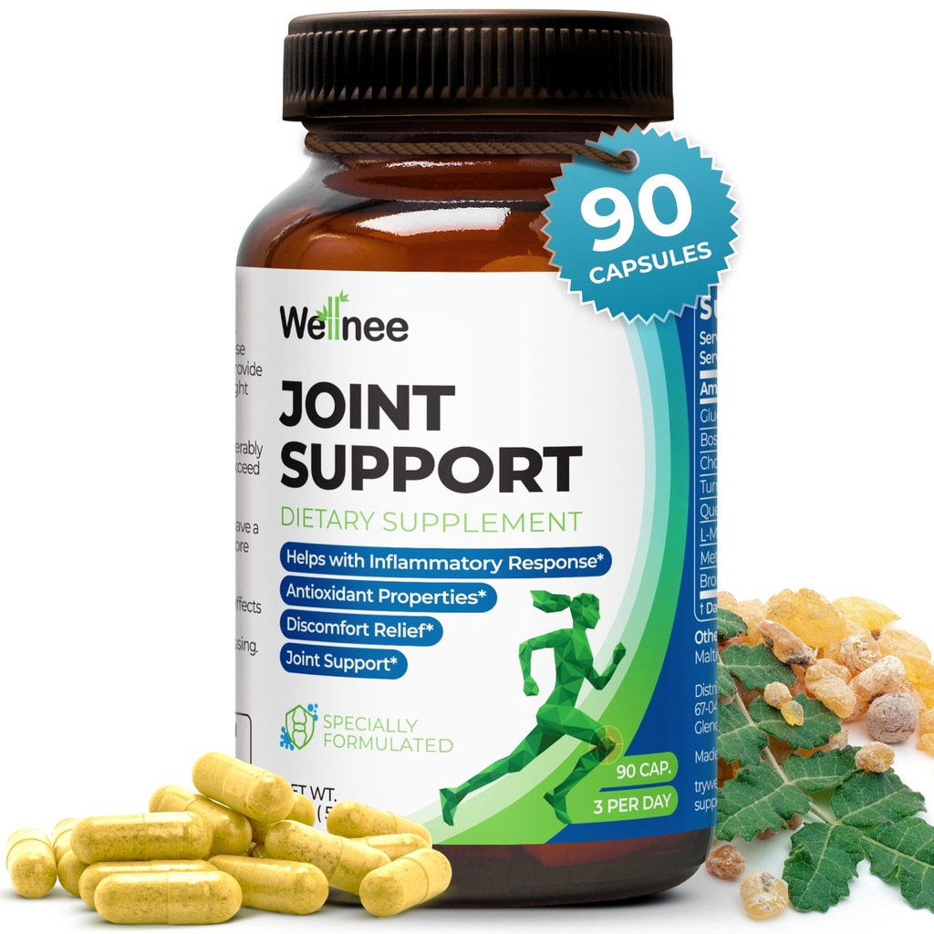 Wellnee Joint Support Supplement - Glucosamine Chondroitin MSM, Boswellia & Turmeric - Relieves Joint Discomfort & Supports Flexibility - תמיכה משותפת של Wellknee - 90 קפסולות, 30 משרתים