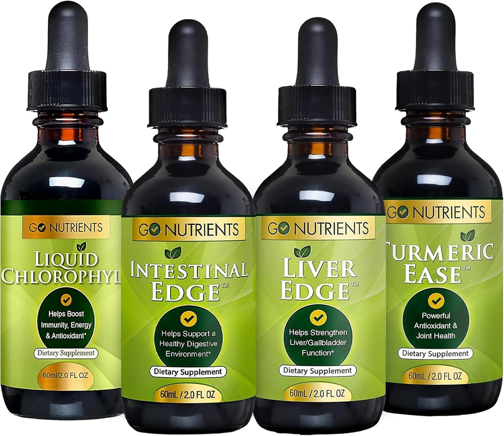 Go Foodsents Digest & Detox Bundle - נוזל Chlorophyll, Liver Edge, Intestinal Edge, Turmeric Ease - תמיכה ניקוי, עיכול, בריאות Liver והגנת הגוף, Revitalize Skin & Vitality