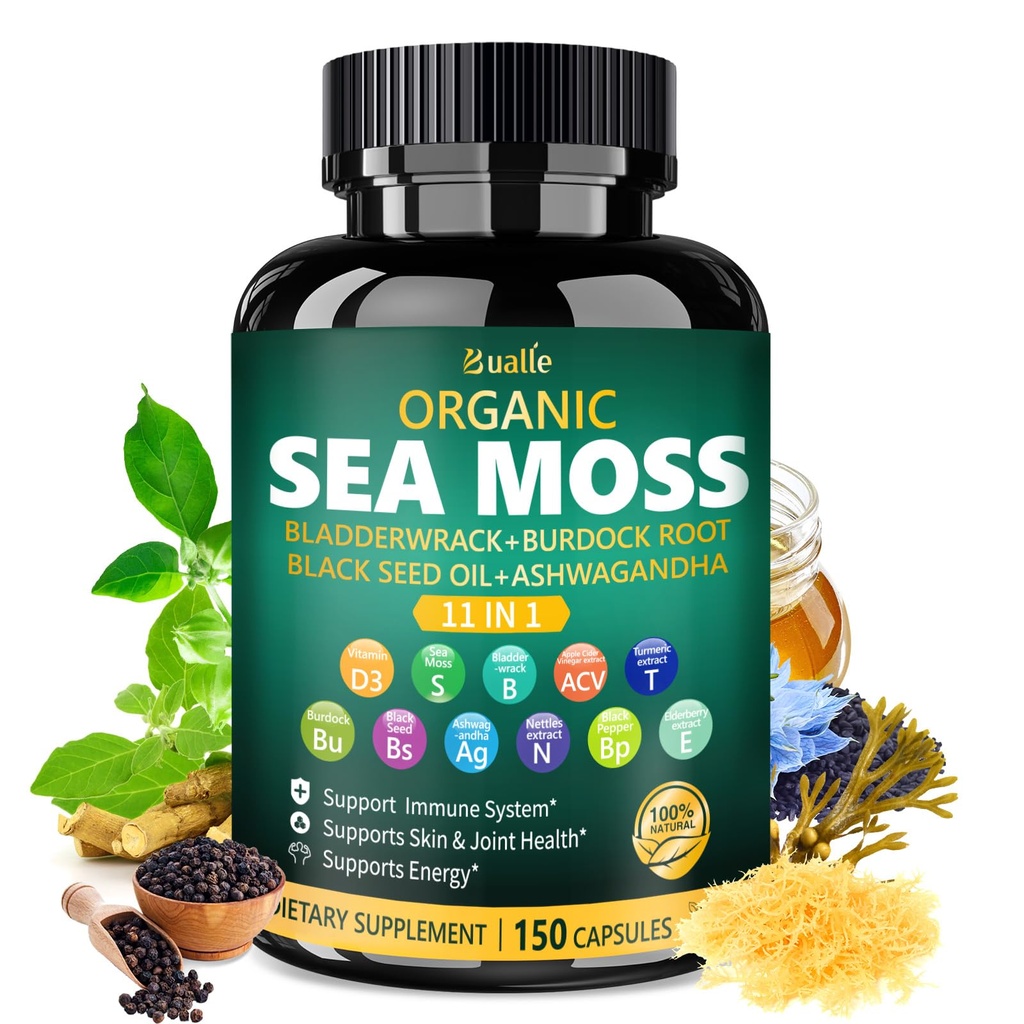 Bualle Irish Sea Mosss כמוסות - אורגני הים Mosss, שחור Seed שמן, Ashwagandha תוספי עם Bladderwrack, ג'ינג'ר & Burdock Root - תמיכה יומית בריאות, עור ואנרגיה - 150 קפסולות (1 Pack)