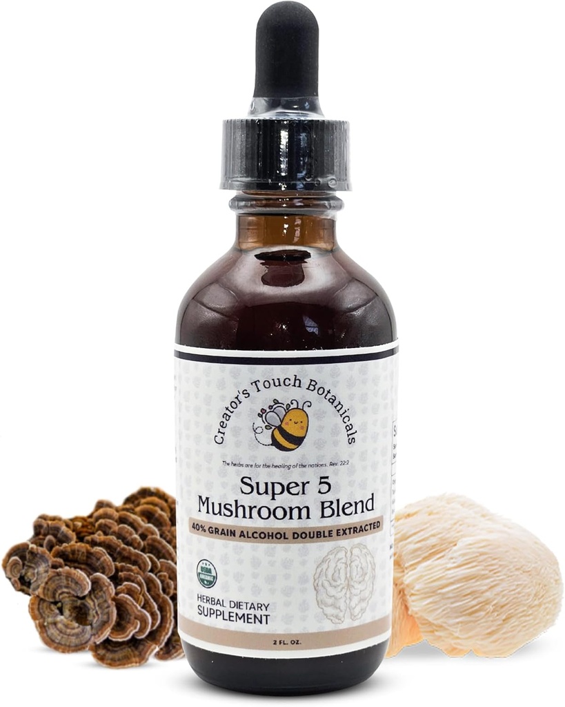 הבוטנים של הבורא, Super 5, Mushroom, Band 2 floz with Reishi, טורקיה Tail, Lions Mane, Chaga ו Maitake Mushrooms for Immune Support. כפול מפוספס, Macerated.