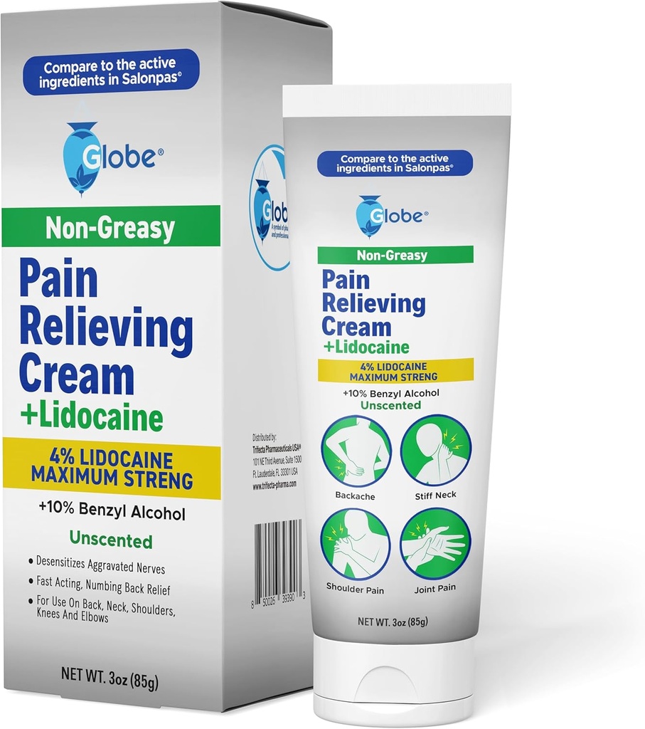 Globe Pain Relieving Cream Plus 4% Lidocaine, כוח מקסימלי Numbing הקלה, טיפול מהיר של כאבי שרירים, כאב משותף, כאבי גב, כאבי צוואר, כאב צוואר, כאב ראש, Sprains & Spasms, Unscented, 3ozed, 3oz