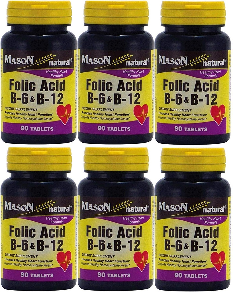 תוספי ויטמינים Folic Acid B-6 & B12 בריאות הלב פורמולה 90 טבליות עבור חבילת בקבוק של 6 סך 540 טבליות