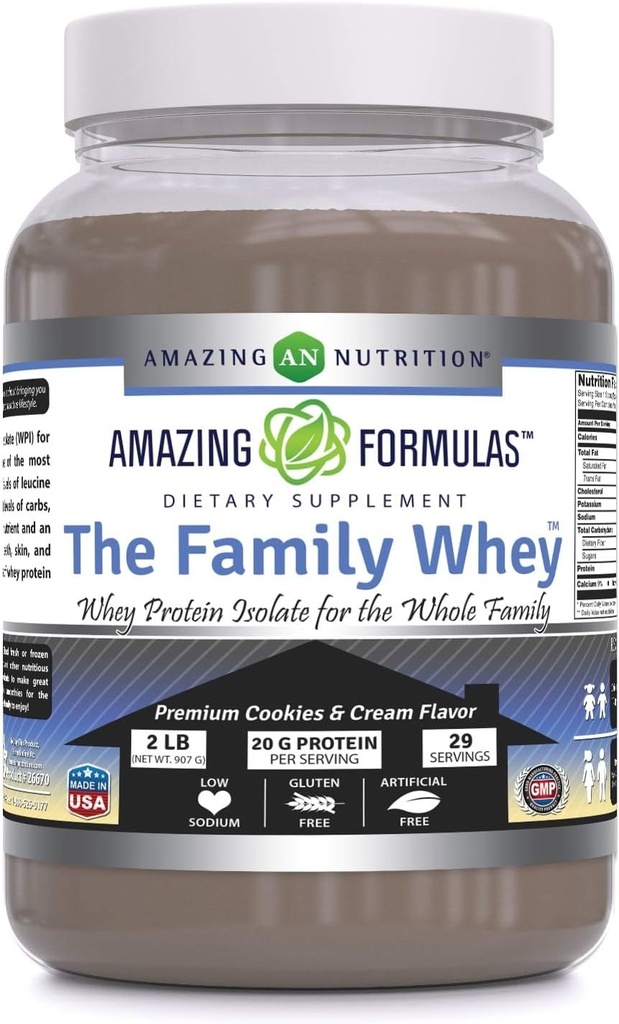 פורמולה מדהימה המשפחה Whey חלבונים (Isolate) אבקה עבור המשפחה כולה - 2 lbs - Most Complete & Purest Form of חלבונים - Gluten Free (Cookie & Cream)