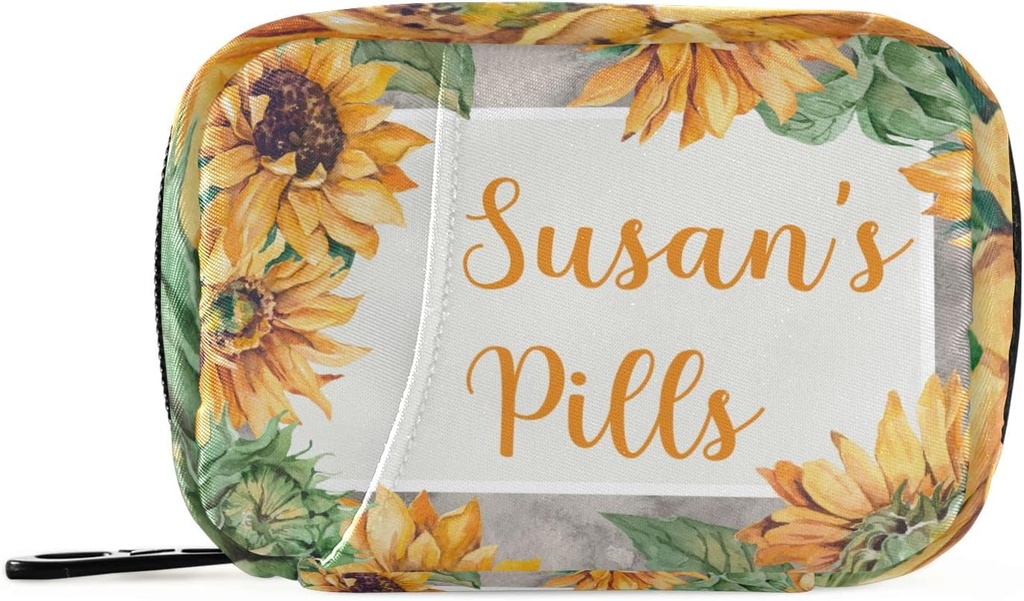 תיבת גלולת גלולות 7 Day Pill Case Bag Sunflower Personalized Name Travel Pill מארגנת באג עם Zipper Portable Weekly Case Size קומפקטי עבור תוסף ויטמין Holder