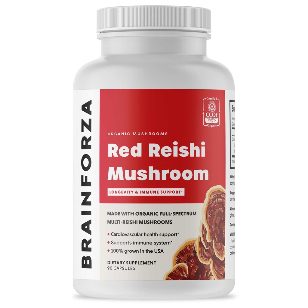Brain Forza אורגני Red Reishi Mushroom קפסולות, מותאם אישית Mushroom מופעלת Immune Support, Heart and Cardiovascular Health, כללי בריאות ו Vitality, Non-GMO, טבעוני, אורגני, 90 קפסולות