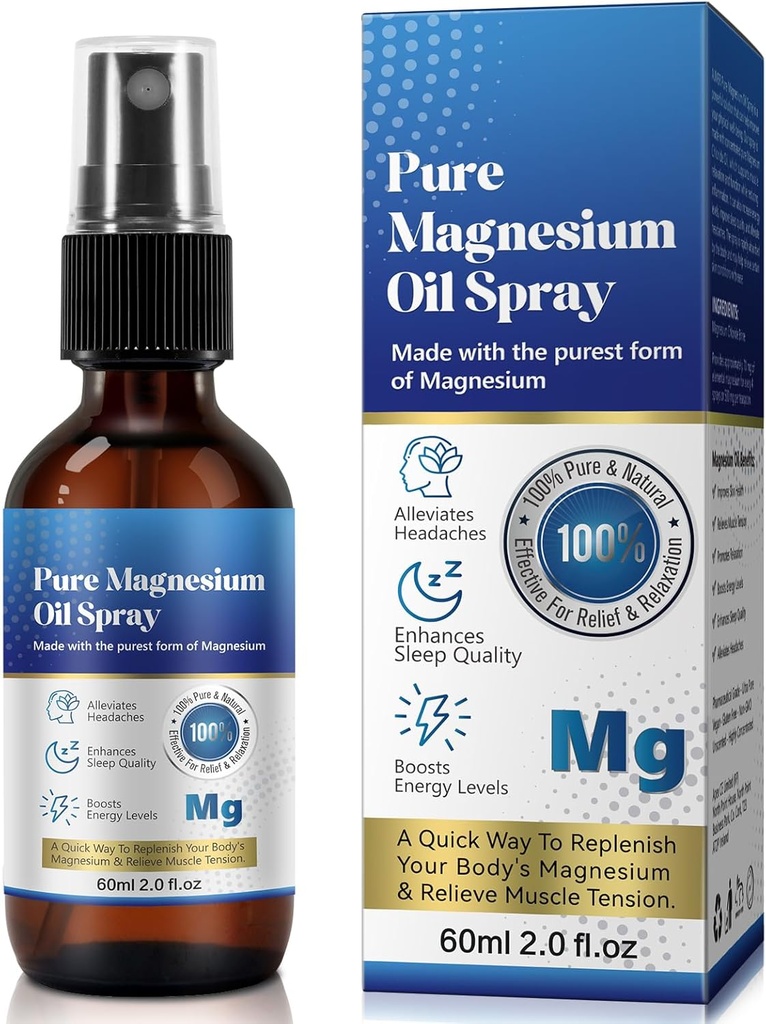 שמן מגנזיום טהור, Magnesium Spray, Magnesium Spray for Feet, 100%, Quick Absorption - מקור טבעי עם תערובת Powerful של שמנים חיוניים, rlenish Body- 2.02 floz