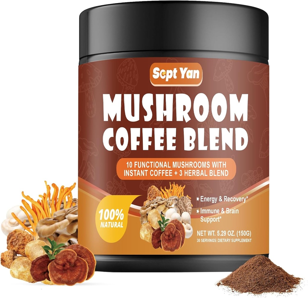 Mushroom קפה עם 10 Mushrooms, אבקת קפה מיידית קולומביאני עם מאן של אריה, Reishi, Chaga, Cordyceps, Shiitake, Maitake,Turkey Tail - תוספת Mushroom עבור אנרגיה, פוקוס, Immune תמיכה תמיכה תמיכה תמיכה
