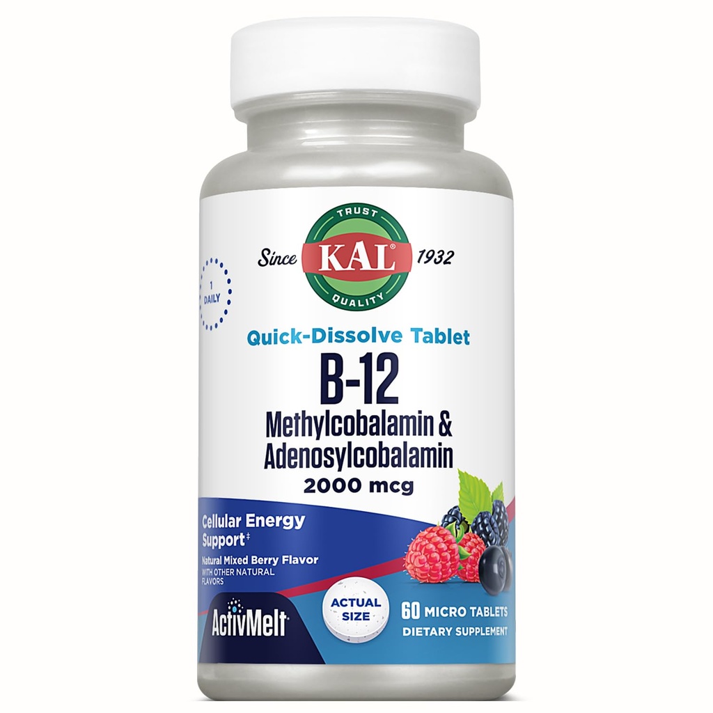 ויטמין B12 Methyylobalamin ו Adenosylcobalamin 2000 mcg ActivMelt, B12 תוספי אנרגיה, Metabolism, Nerve, Red Blood Cell Support, High Absorption, Natural ברי, 60 הגשה, 60 טבליות מיקרו טבליות, 60