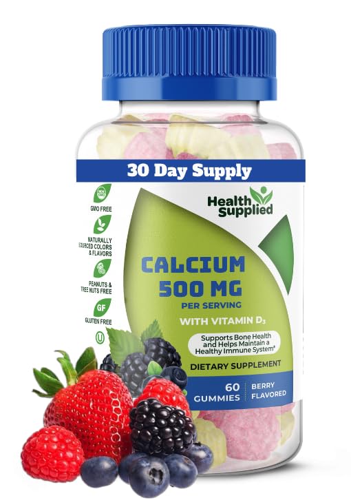 Health Supplied Calcium 500mg with Vitamin D3 1000 IU Gummies | Daily Dietary Supplement | Bone Strength, Growth, Teeth | for Adults, Teens, Kids | Great Tasting Natural Berry Flavor Vitamin Gummy