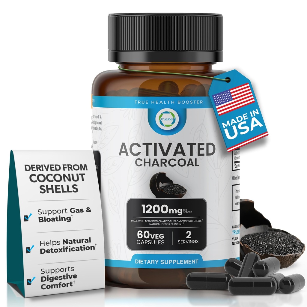 קפסולות Charcoal מופעל 1200 MG, 60 Veg Caps, 30 ימים Premium Detox & Digestive תמיכה, Gas & Bloating הקלה, אורגני קוקוס Shell Charcoal, Gut Health, ארצות הברית Made.