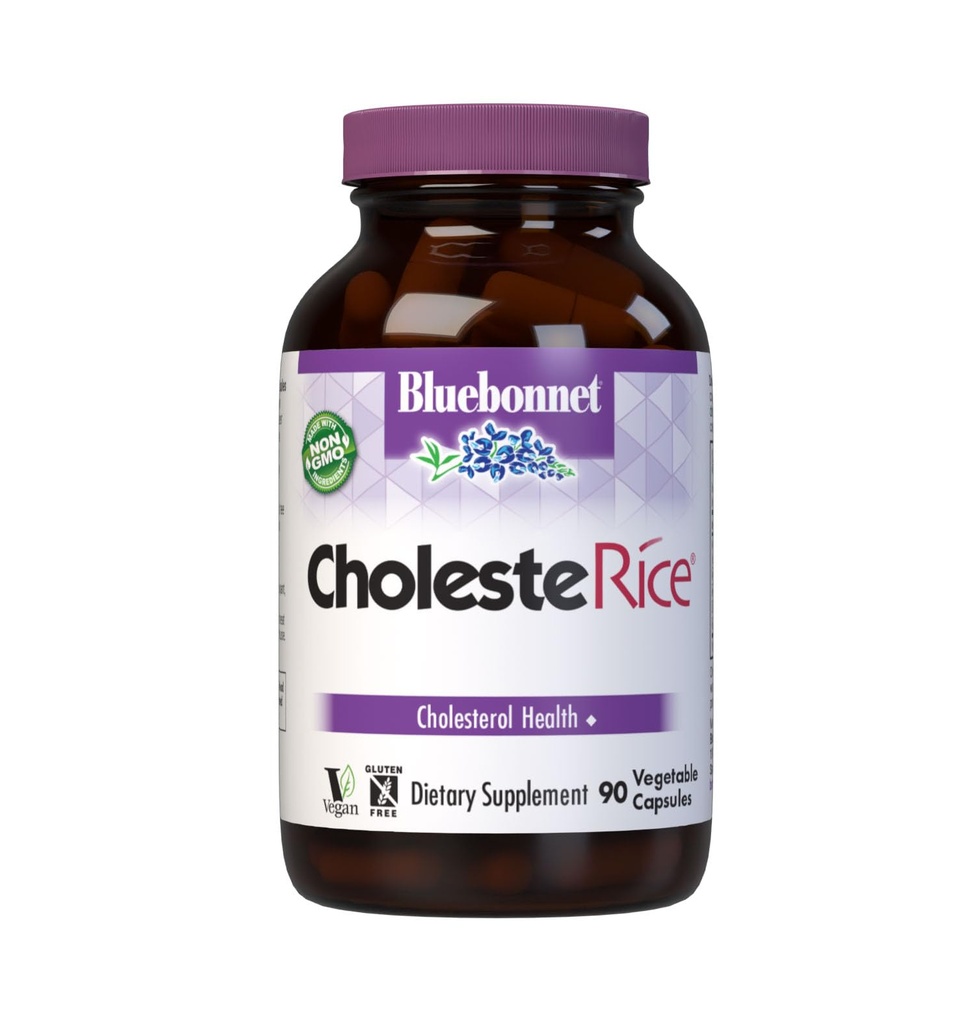 Bluebonnet Nutrition CholesteRice ירקות קפסולות, Red Yeast Rice, Plant Sterols, Pantethine, CoQ10, Policosanol, Vegetarian, non GMO, Gluten Free, Milk, SOY-FREE, 90 קפסולות ירקות