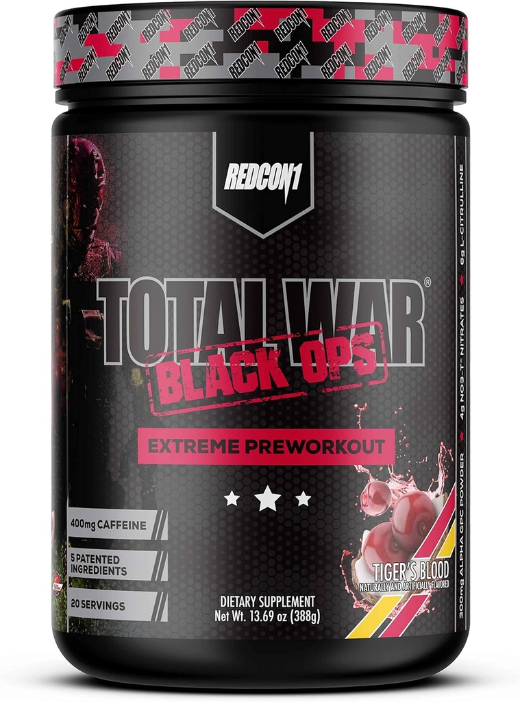 REDCON1 Total War Black Ops Extreme Preworkout אבקת, Tigers Blood, High Stimulant, 400 מ"ג Caffeine, NO3-T Nitrates + L-Citrulline, להגדיל את זרימת הדם, משאבות שרירים (20 משרתות)