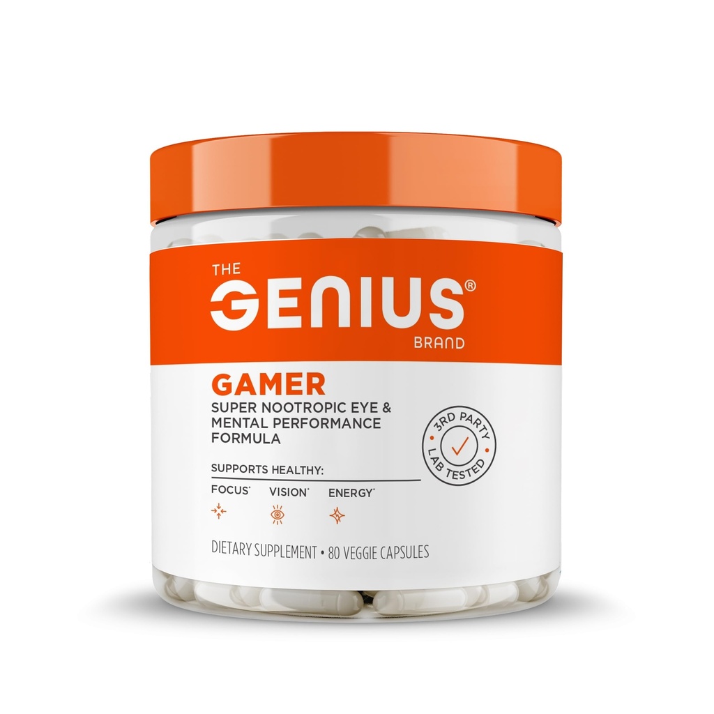 Genius Gamer, Gaming Focus תוסף, 80 גלולות - עלית Nootropic Performance Booster - Boost Brain & Mental Clarity, Reaction Time & Concentration - Blue Light Support with Lutemax