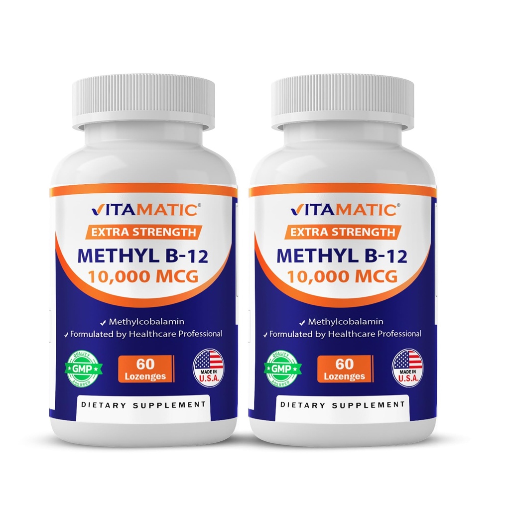 Vitamatic Methyl ויטמין B12 (Methyhydrobalamin) 10,000 mcg (10mg) 60 Lozenges - מקור גבוה של ויטמין B12 (2 Pack)