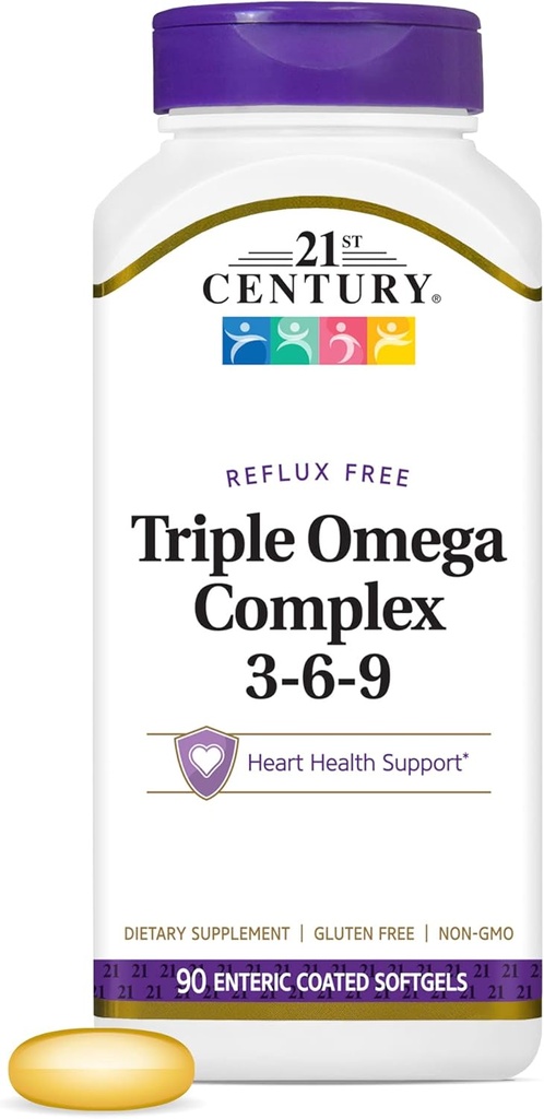 ויטמין המאה ה-21 Enteric Coated Triple אומגה מורכבת 3-6-9, Reflux Free 90 Softgels, MTC22874X5