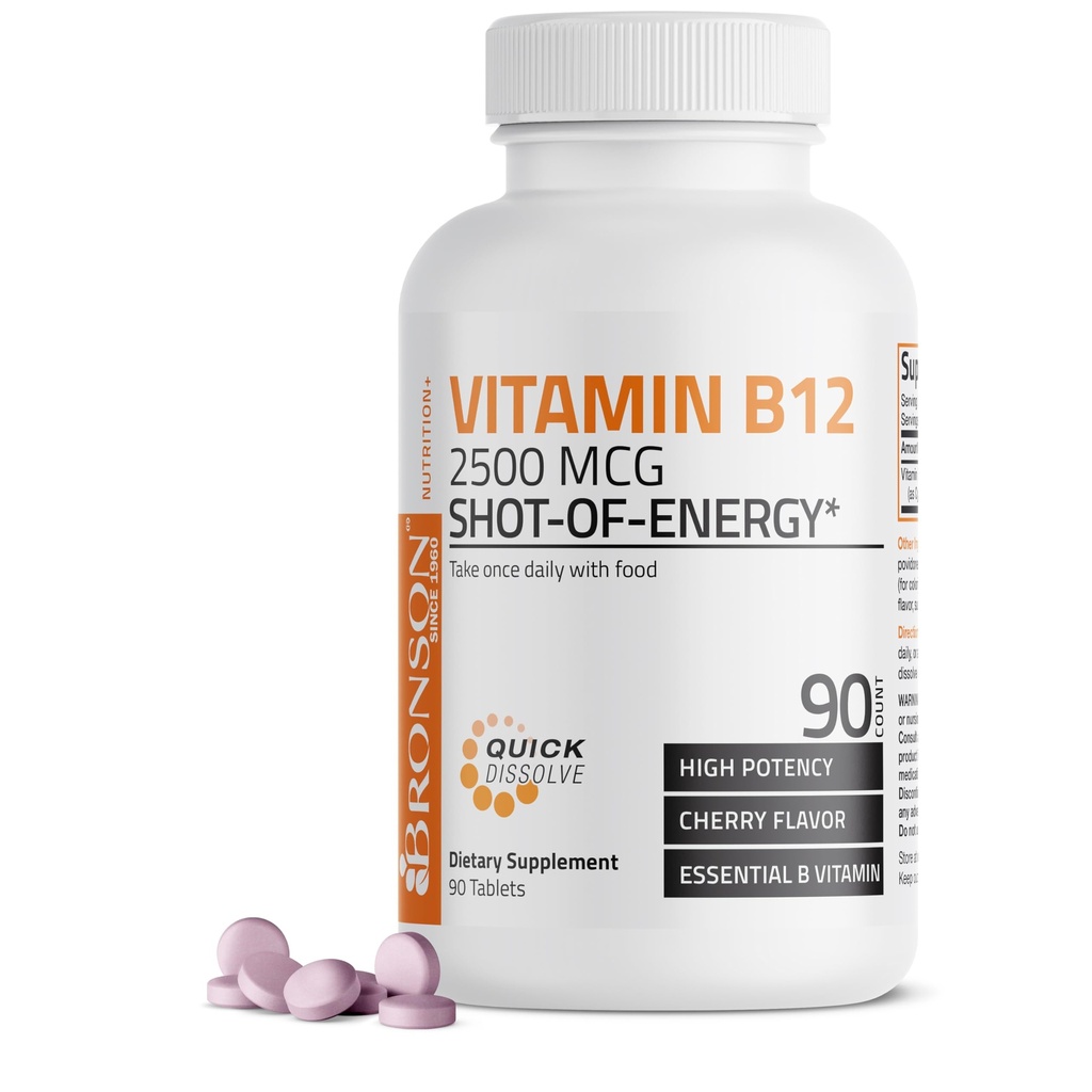 ויטמין B12 2500mcg Shot of Energy Fast Dissolve Chewable Tablets - Quick Release Cherry Flavored Sublingual B12 ויטמין - תומך במערכת העצבים, ייצור אנרגיית המוח הבריא - 90 הרוזן