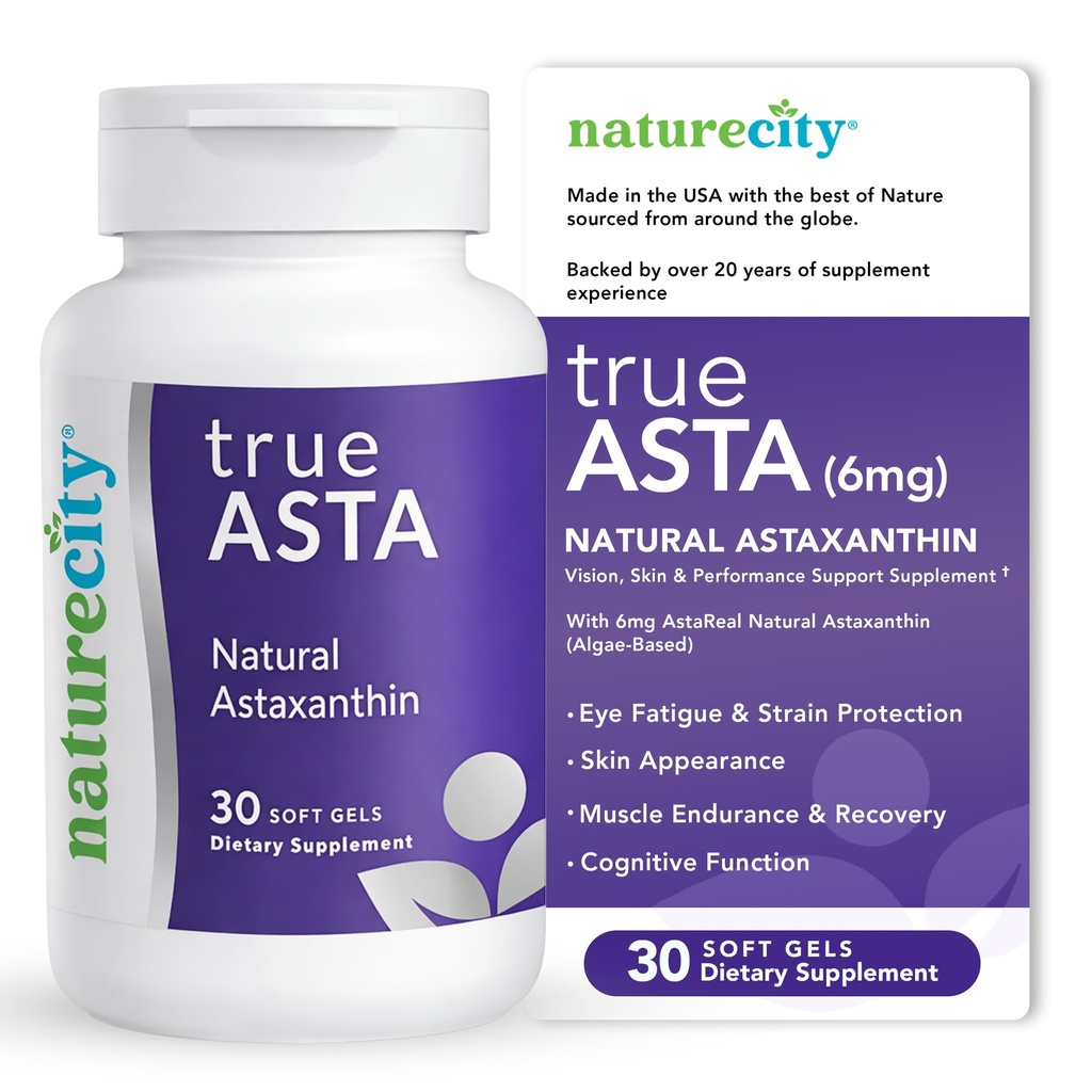 NatureCity TrueAsta 6mg Astaxanthin תוספת עם Astareal | תמיכה בעין, עור, מפרקים, שרירים, Brain & Blood Flow