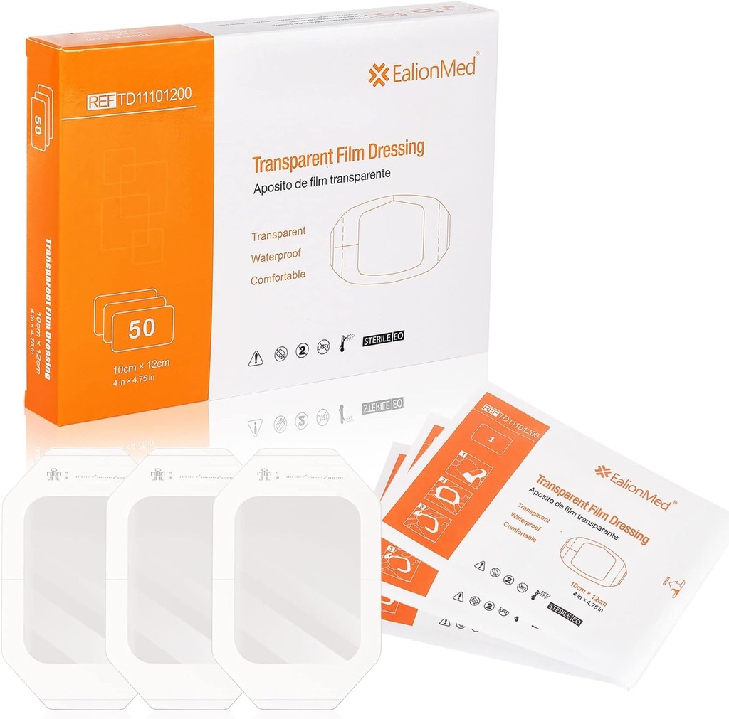 EalionMed Transuding, Wound Bandage, Adhesive Patch, 4' x 4.75', 50 Pack, Clear, Breathable, Comfortable, מקלחות מגן, קעקוע Bandage