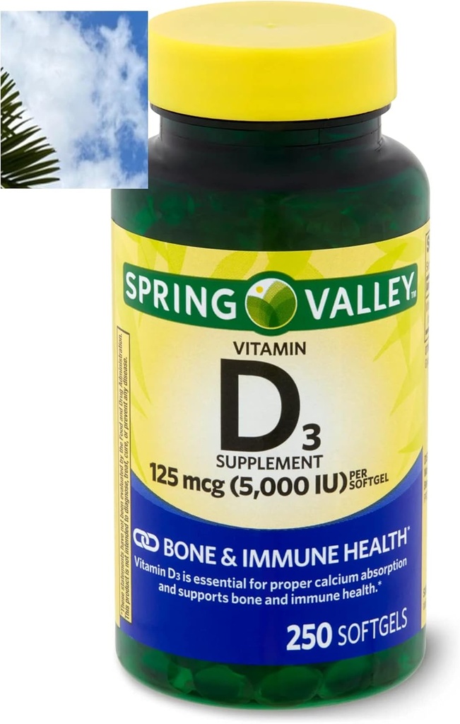ויטמין עמק האביב D3 Softgels, 125 mcg per Softgel, 5,000 IU, 250 הרוזן