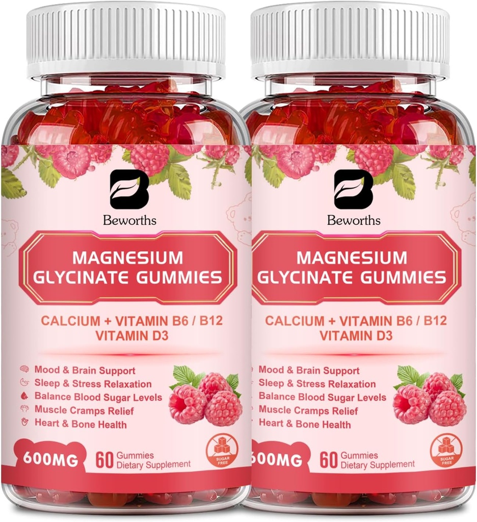 (2 Pack) 600 Mg Magnesium Glycinate חניכיים, Magnesium תוסף Magnesium Malate, Magnesium Citrate & Potassium, תומך הלילה & משותף, אנרגיה Boost, טבעוני ו 0-Sugar, Raspberry Count 120 ספירה 120