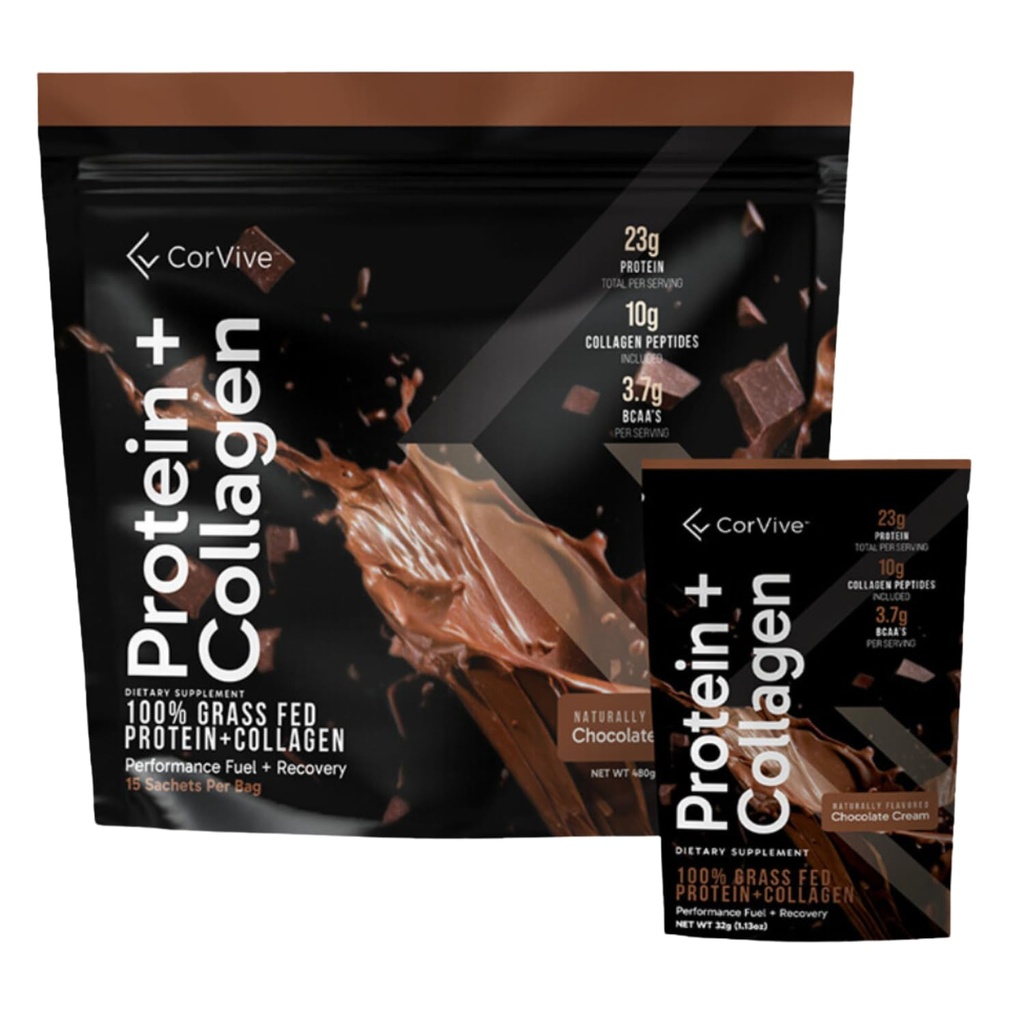 חלבון + אבקת קולגן | 23g חלבון (Grass-Fed Whey + Collagen) | 3.7g BCAAs | תמיכה שריר ובריאות משותפת | Gluten & Soy Free | No Artificial Ingredients | 15 Sachets - שוקולד שוקולד