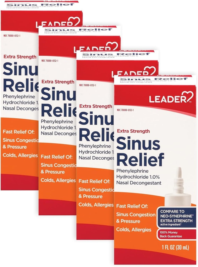 מנהיג נוסף כוח Sinus Relief, Fast Acting, Sinus Decongestant, Nasal Voyage Spray, Cold & Allergy 30 mL בקבוק (Pack of 4)