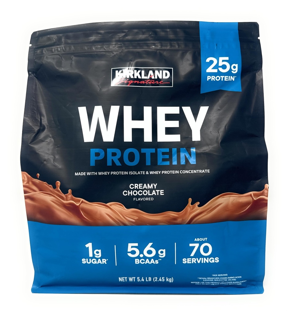 קירקלנד חותמת Whey 25g חלבון,1g סוכר,5.6g BCAAs, כ 70 משרתות שוקולד קרמתי פלאמור