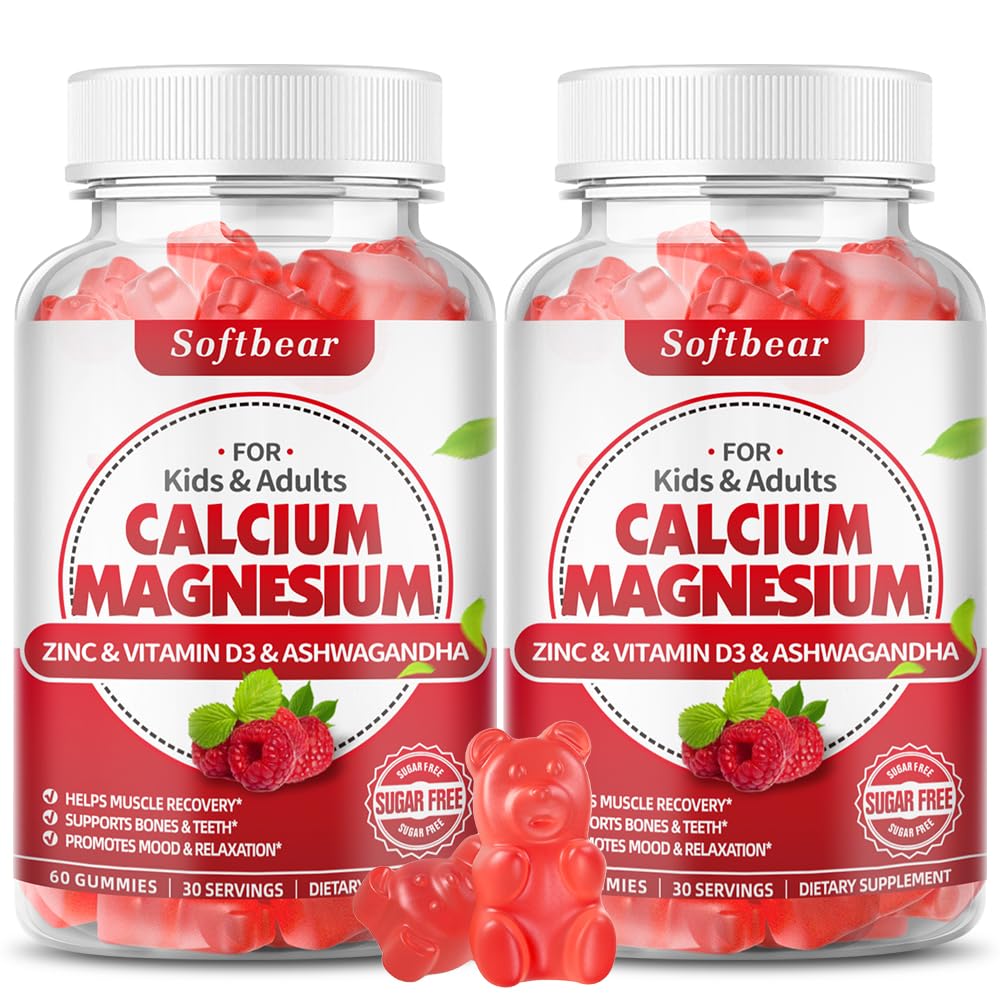 Softbear Calcium Magnesium Zinc Gummies for Adults & Kids, Suagr-Free Calcium Magnesium Zinc D3 תוסף ל-Power Power & Immune Health, Raspberry Flavor Count 120