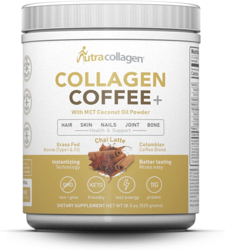 אבקת חלבון NUTRACOLLAgen בשילוב עם קפה Premium Columbian; Grass-Fed, non GMO, 12g Peptides, אבקת שמן קוקוס MCT, Soy Free, Gluten Free, Sugar Free, 40 מ"ג Caff/Srving; Chai Latte 25 Srvggggggg