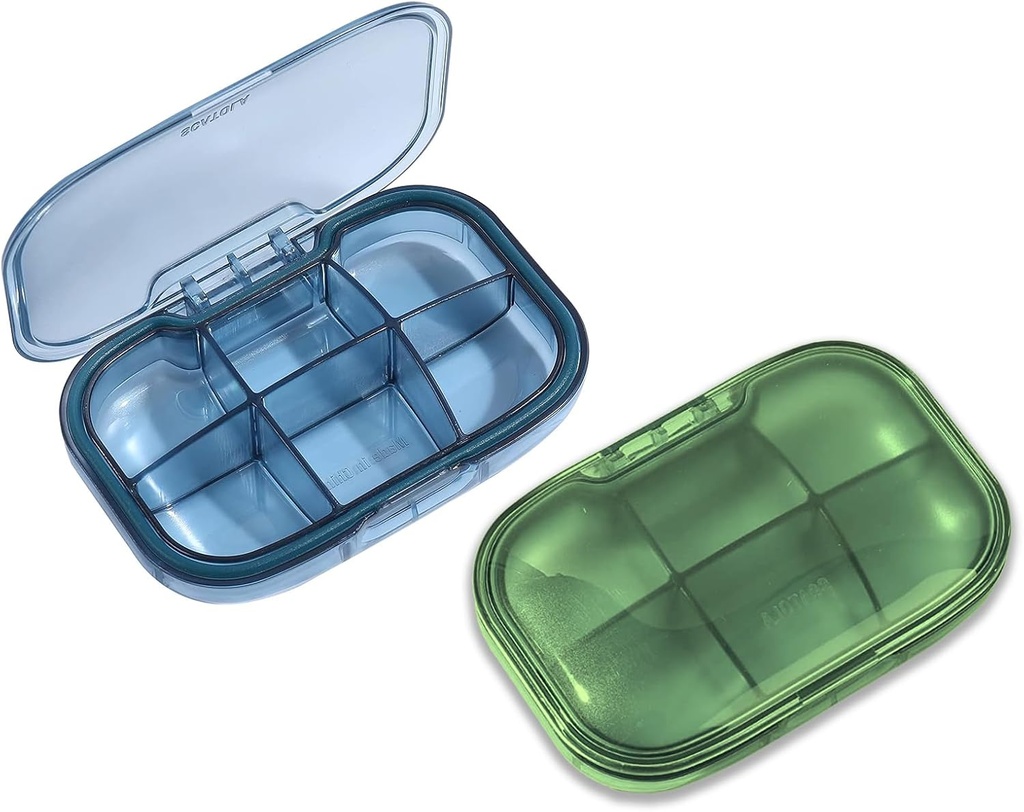 2 Pack 6 השוואת גלולות מארגנת, Moisture Proof Case for Travel, Daily Portable Medicine Container, Fish Oil and Supplement Storage (Blue & Green)
