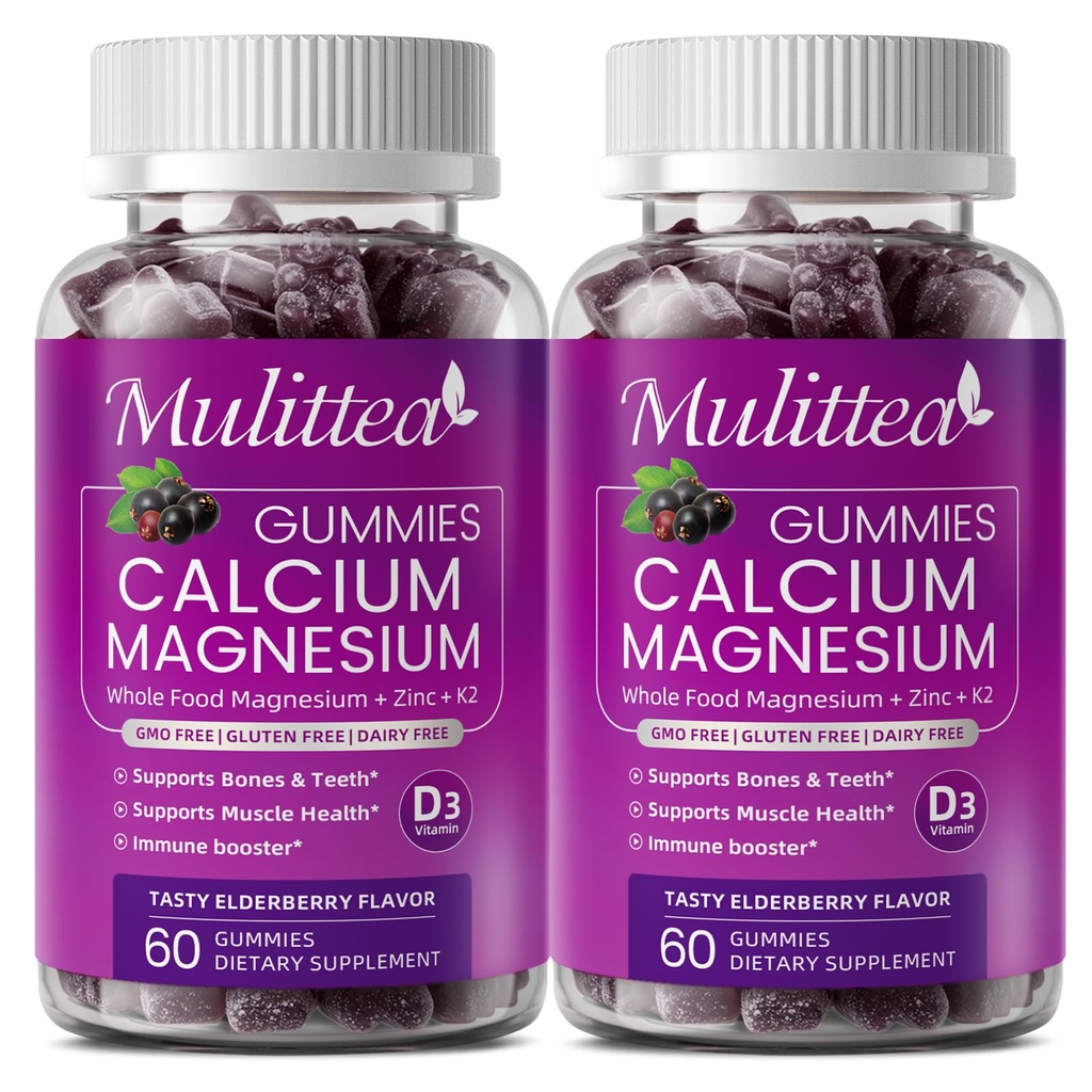 Calcium Magnesium Zinc Gummies עם גבוה Absorption Magnesium Glycinate 200 מ"ג, Potassium - Plant Calcium תוסף w / D3 & Sea Mos עבור העצם, השרירים, Calm Mood & Sleep Support- Kids & Adults (2 Pack)