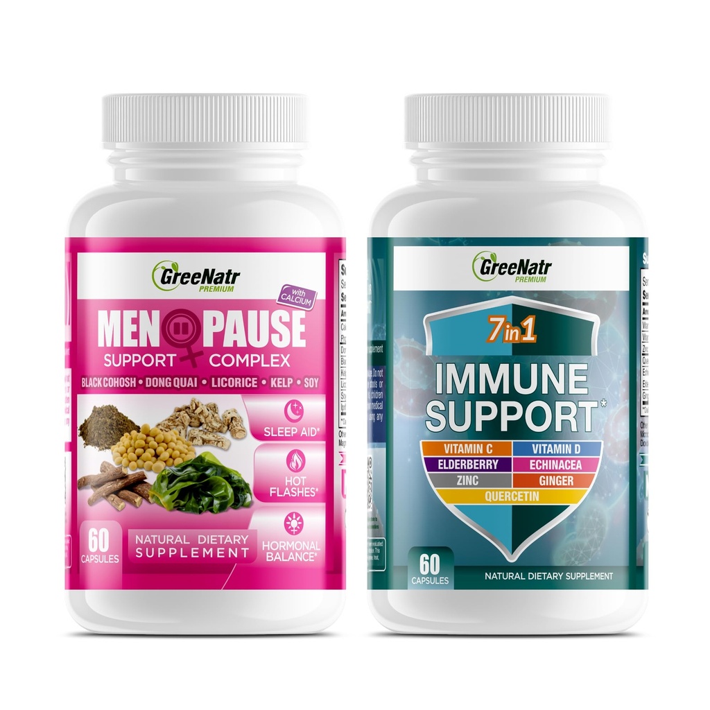 GreeNatr Herbal Menopause Complex for Hot Flashes, Night Sweats, Mood Swings Relief Plus 7 in 1 Immune Support with Quercetin, Echinacea, Sambucus Elderberry וג'ינג'ינג'ר