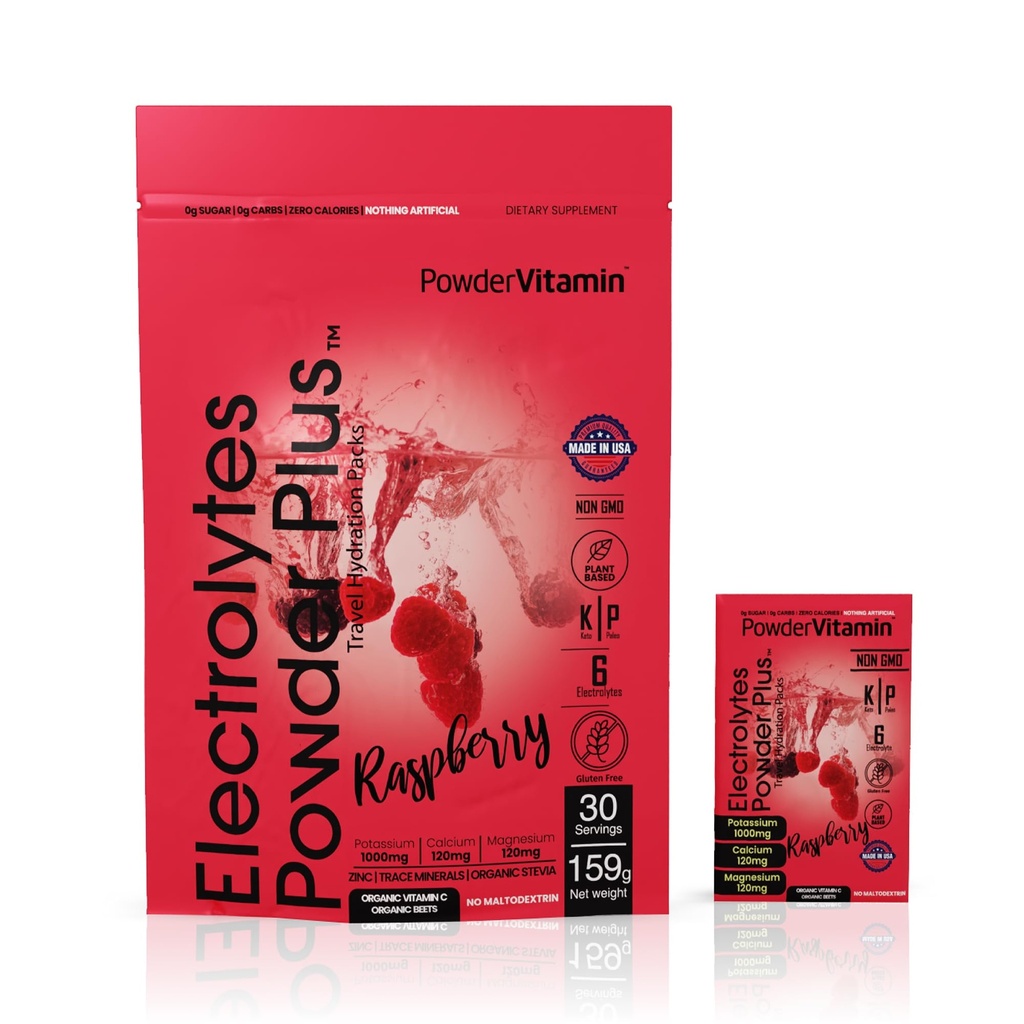 PowerVitamin Electrolytes אבקת Packets - Raspberry - Keto Electrolytes עבור אנרגיה יומית - אבקת הידרה עם 1000 מ"ג Potassium, 120 מ"ג מגנזיום, Zero Calories - 30 hydrotion Packets