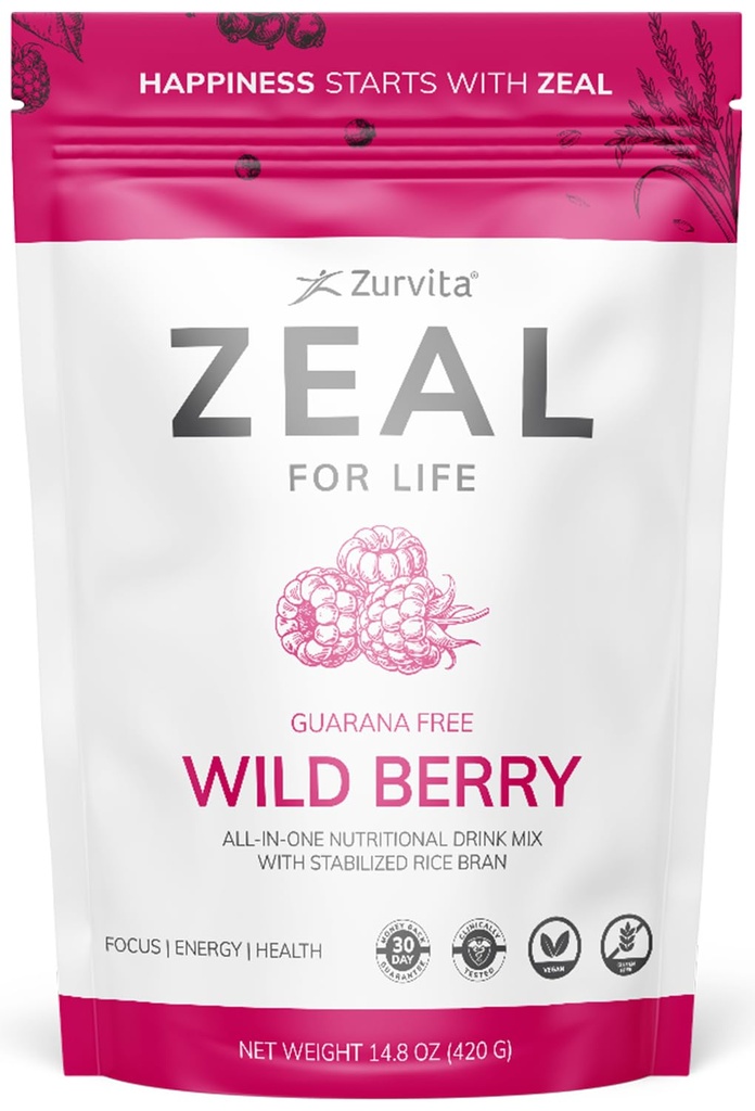 זורוויטה - Zeal for Life 30Day Wellness Bag - Wild Berry (Guarana Free) - תוספת תזונתית ל Vitality, Immunity, and Wellness - 420 גרמים