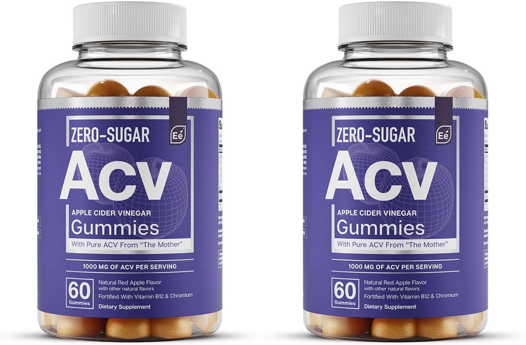 יסודות חיוניים Zero-Sugar ACV Apple Cider Vinegar מ"האם" - מקורו באופן טבעי, חניכיים ACV טבעוניות עם Chromium 60 Count (2-Pack)