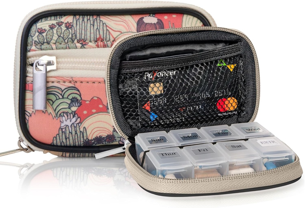 Made Easy Kit Pill Case - מארגנת תרופות שבועיות עם תוספת של 7 ימים ויטמין & Box - Premium Neoprene for Travel Purse Accessory (Desert Khaki)