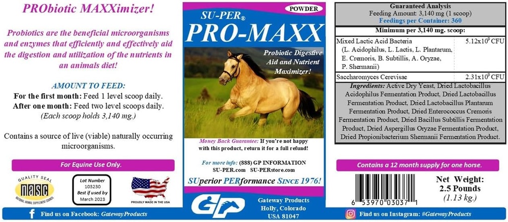SU-PER Pro-MAXx Probiotics for Horses - Equine Digestive Aid and Foodsent Maximizer - שומרת על בריאות Gut ו- Microbial Balance - 2.5 פאונד, (2 Pack)