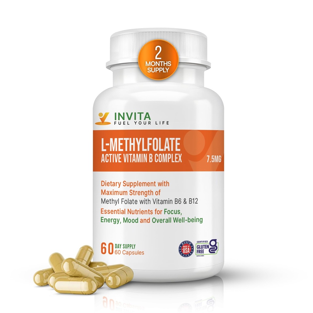 InVITA L-Methylfolate + B Balance - 5-MTHF, B6, B2 & B12 Methylcobalamin B Complex - 60 קפסולות - כוח מקצועי Active Methyl Folate - Non GMO, Gluten Free, No Fillers (7.5 מ"ג)
