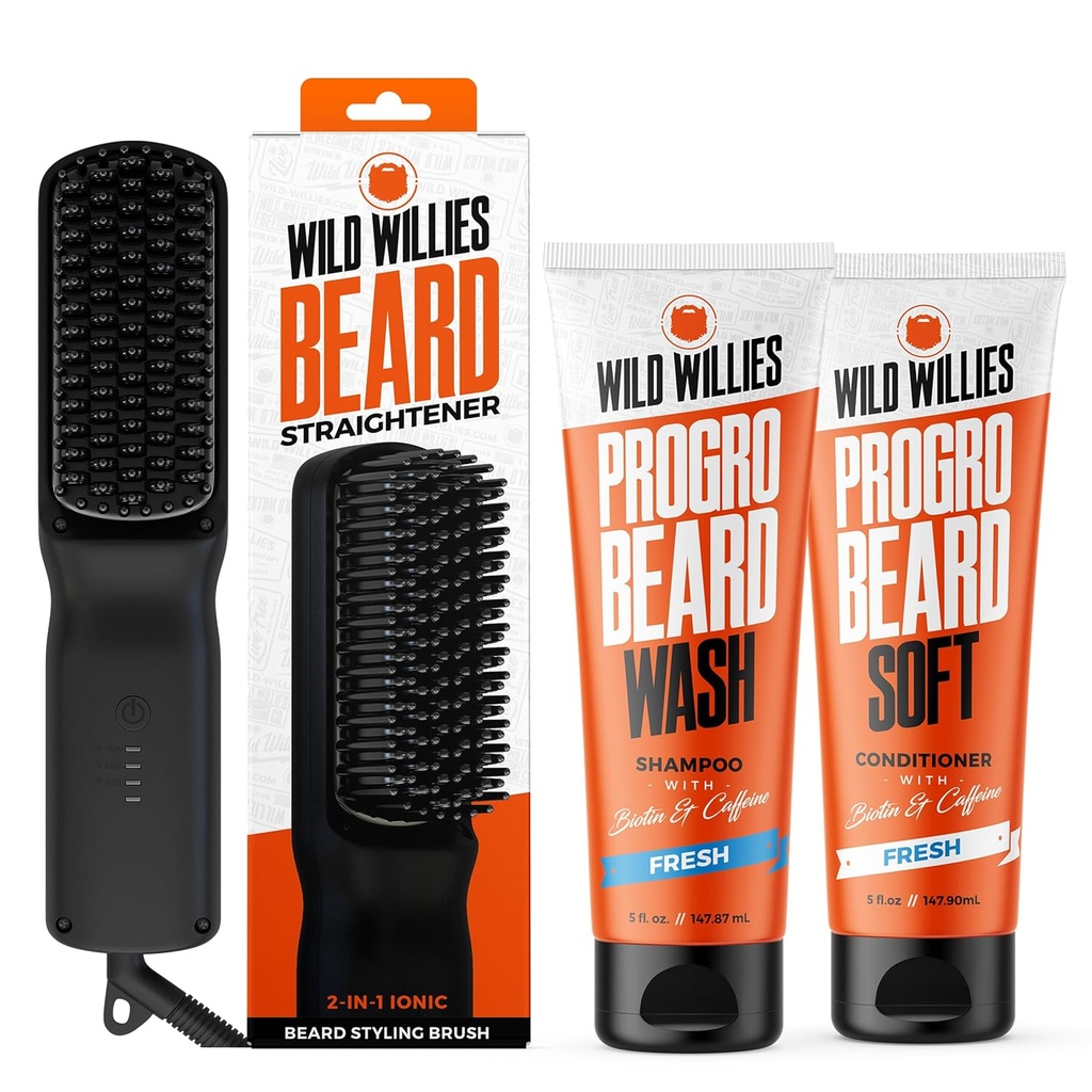 וויליס Wild Beard Grooming Kit - Beard Straightener for Men, PROGRO - Fortified with Biotin & Caffeine for Hair Growth, Wash, Hydration - Ionic 2in-1 Heated Comb Brush, Made in USA