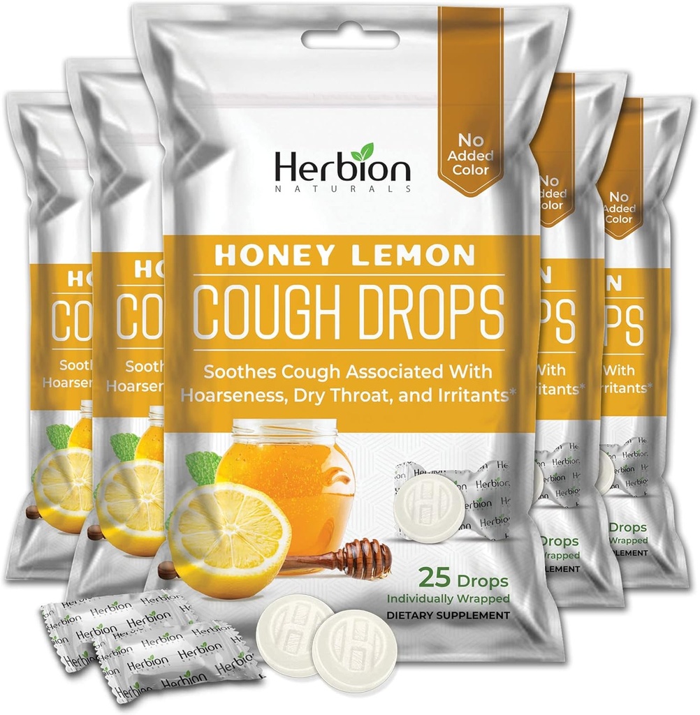 HERBION Naturals Cough Drops with Honey Lemon Flavor, תוספת דיאטנית, Soothes Cough, עבור מבוגרים וילדים מעל 6 שנים, 125 Lozenges, Pack של 5 5
