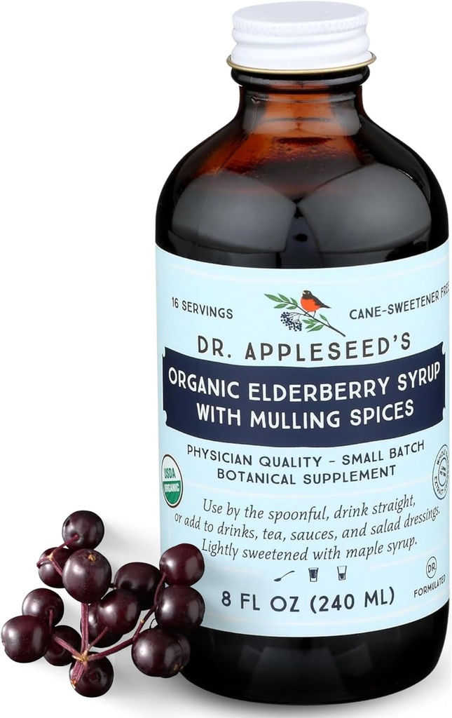 Dr. Appleseed's Organic Elderberry Syrup מקס מחזק 28,000 מ"ג ילדים + מבוגרים Daily Immune תוסף Doctor-Lamune Science-Backed Pure 48 Day Supply