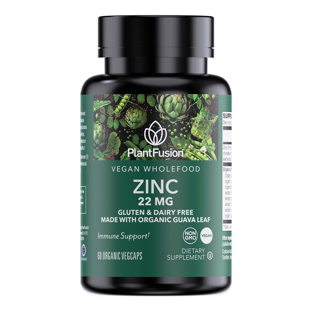 PlantFusion Vegan Zinc תוספי 22 מ"ג - Wholefood Complex, Chelated Zinc Citrate from Organic Guava Leaf for Immune Support, 60 קפסולות