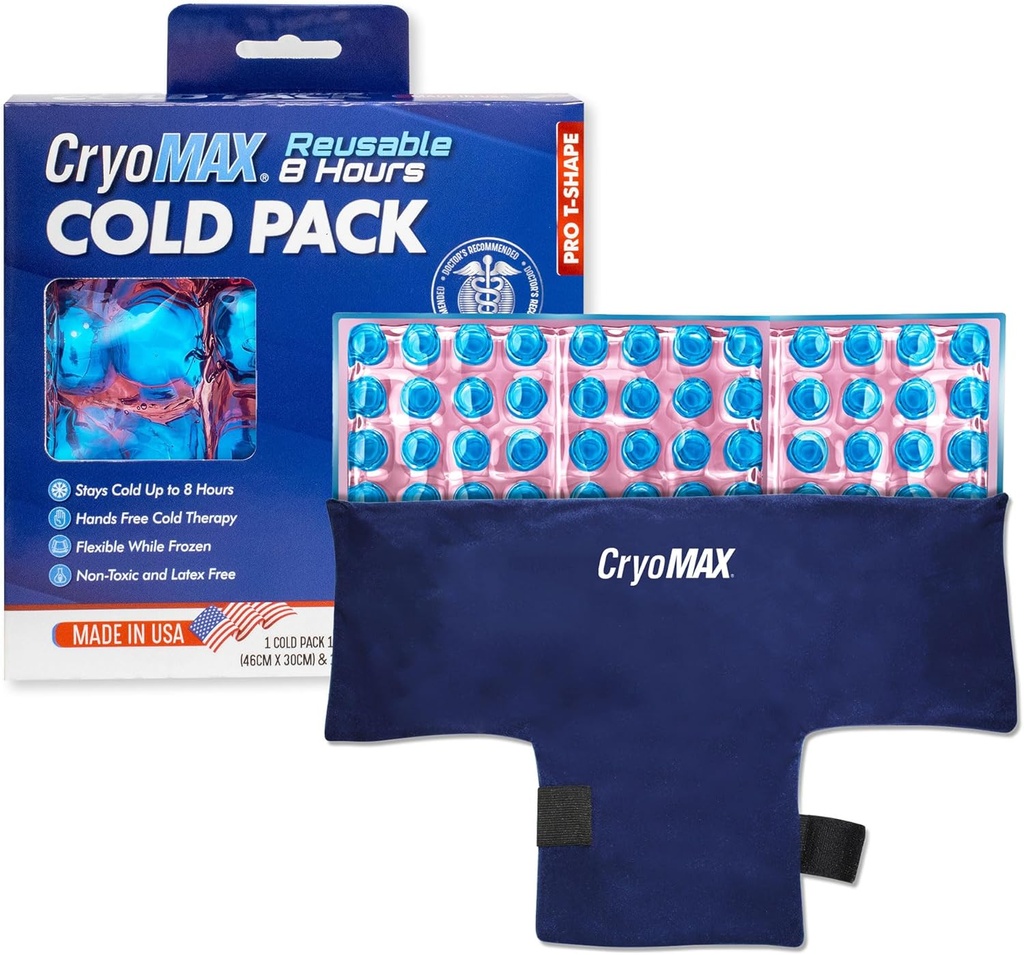 CryoMAX Reusable Cold Pack - 8-Hour Long-Lasting Cold Therapy Ice Pack, Fits Fits, Best for Pain Relief, Injuries, hip Surgery Swelling, and Migraines - T-Shape (1 Count)