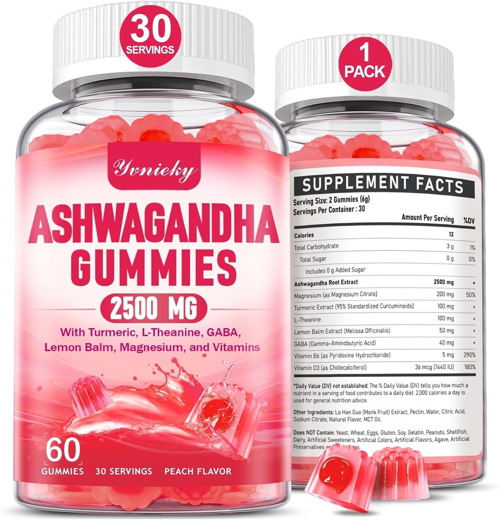 Ashwagandha Gummies 2,500 מ"ג עבור נשים וגברים: Ashwagandha תוסף חניכיים תוספת כוח עם Turmeric, ויטמין D3, L-theanine, Magnesium - מלא חניכיים, Strawberry Flavor, טבעוני, non-GMOMO