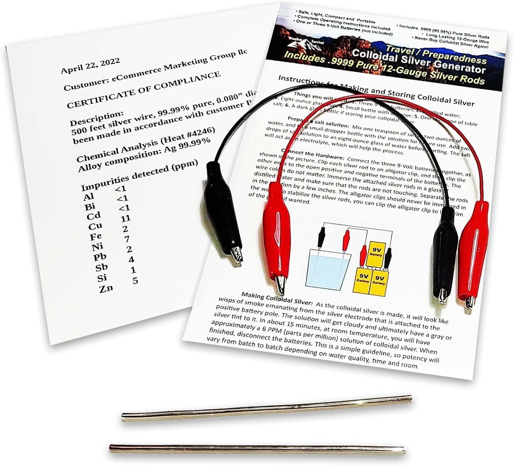 cooidal Silver Generator Wire 99.99% טהור 12-Gauge (0.08 ב./2.06 מ"מ) סט של (2) 4Inch Rods + Mini /Travel Generator - כולל Wires + הוראות שלמות