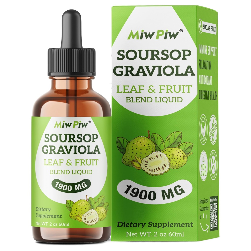 Soursop Graviola נוזל טיפות 1900MG 2Fl Oz, Soursop Bitter Leaf Extract תוספי מזון, Sleeplax Support and Immune Boost - סוכר חינם, Natural Flavor, Herbal Goodness