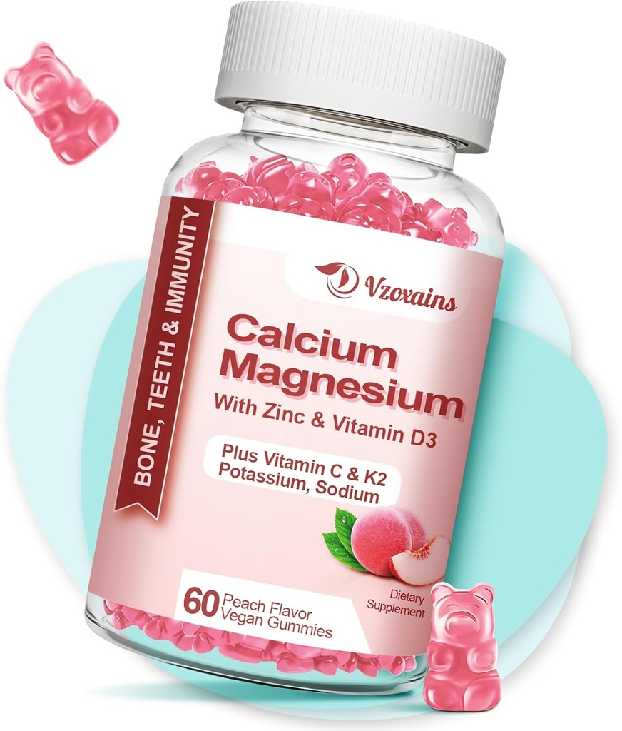 סוכר חינם Calcium Gummies, סוכר חינם Calcium Magnesium Zinc Gummies עם ויטמין D3 עבור גברים ונשים, Peach Flavored 60 Cts
